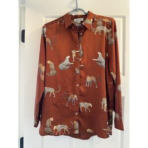 Women's Rust Cheetah Animal Print Button Up Satin Shirt Blouse Long Sleeve Small